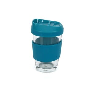 Chefline Reusable Glass With Silicone Sleeve Coffee Cup With Plastic Lid And Slider Opening, Blue (Teal Blue), 320 ml