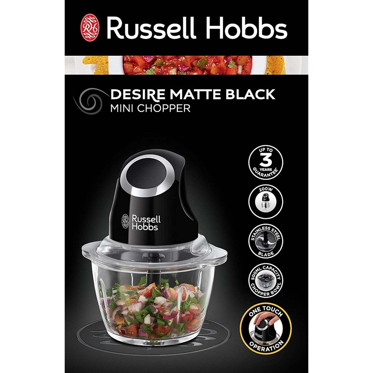 Russell Hobbs Desire Matte Black Mini Chopper 24662, Vegetable and Onion Chopper, 500ml Capacity Glass Bowl, Matte Black, 200W