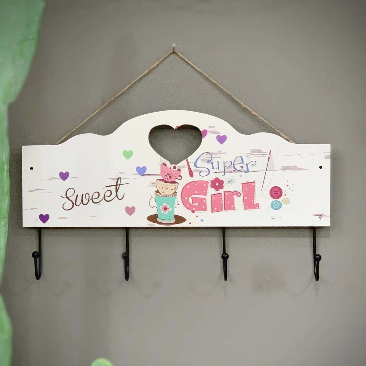 Maple Leaf Multifunction Wooden Wall Hook Hanger, Wall Mounted "Sweet Super Girl" Sign 4Key Hanging Hooks 40x22.5x5cm 20YX107