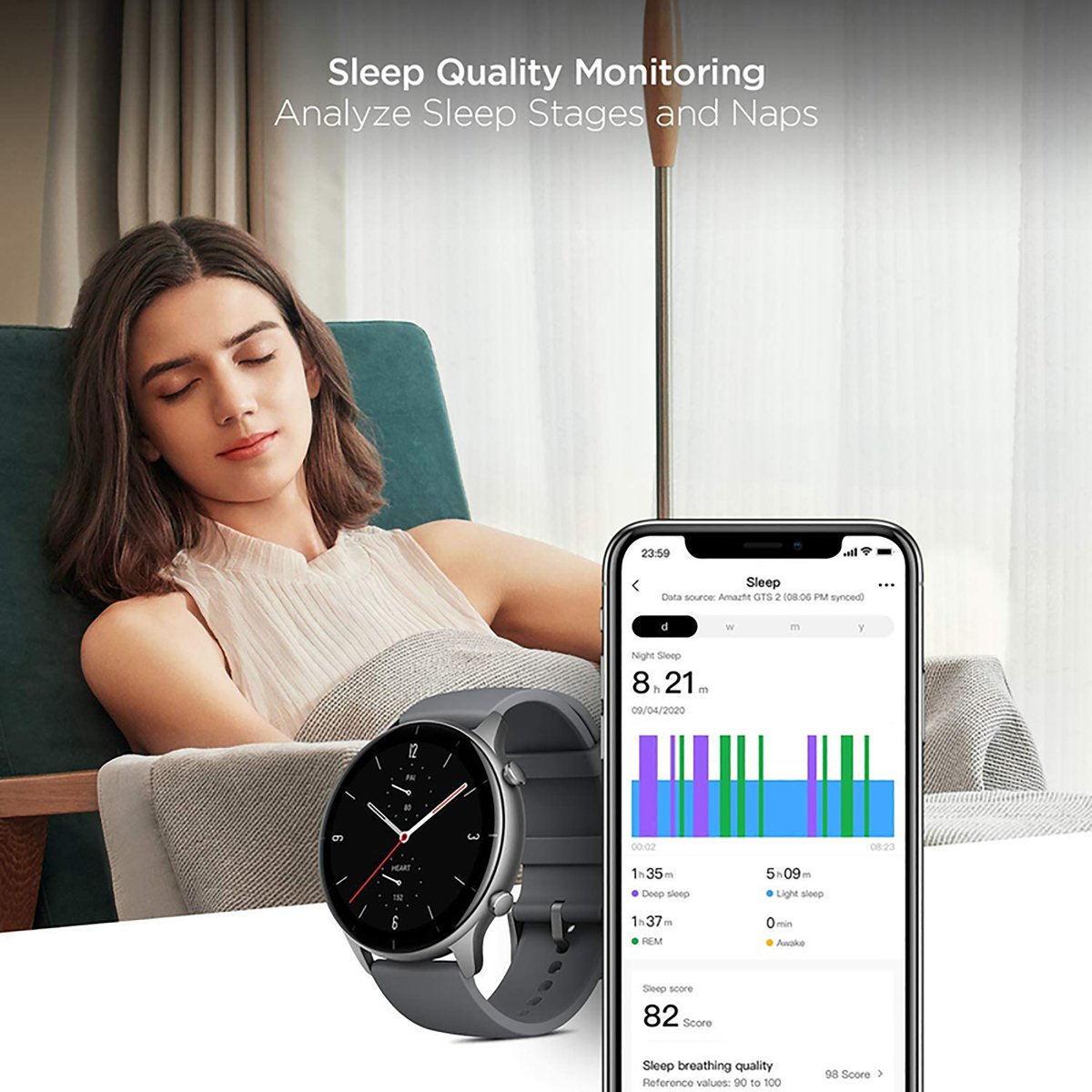 AMAZFIT GTR 2e Smartwatch with 24H Heart Rate Monitor, Sleep, Stress and SpO2 Monitor, Activity Tracker Sports Watch with 90 Sports Modes, 14 Day Battery Life, Dark Grey(A2023-GTR-2E)