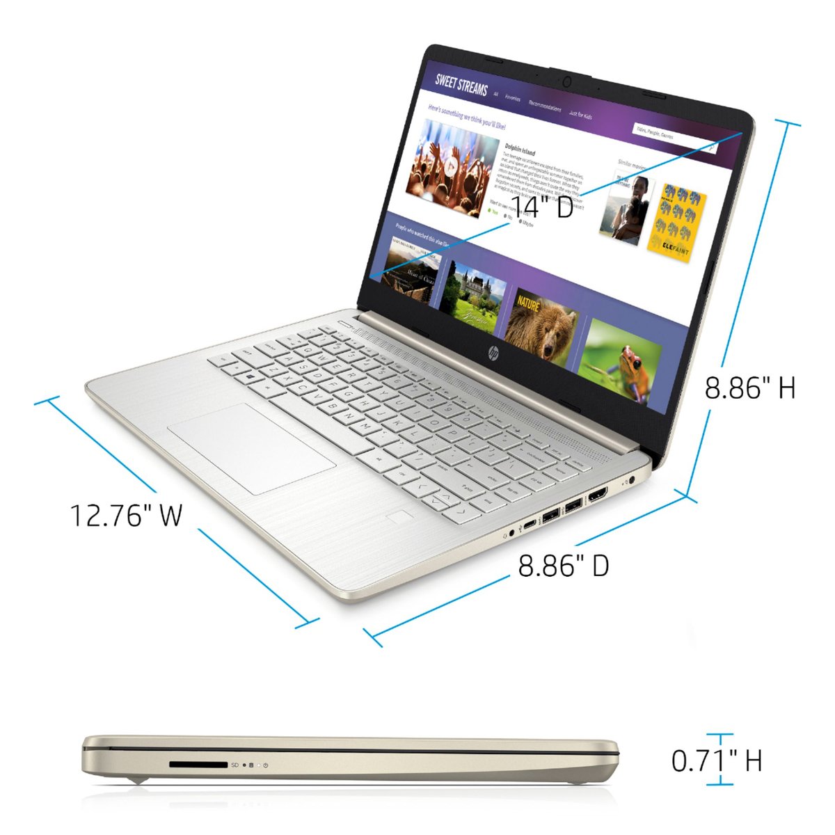 HP Laptop 14-DQ0003DX - 14” HD LED Display, 10th Gen Intel Celeron N4020, 4GB RAM, 64GB eMMC, Intel UHD 600 Graphics, Pale Gold