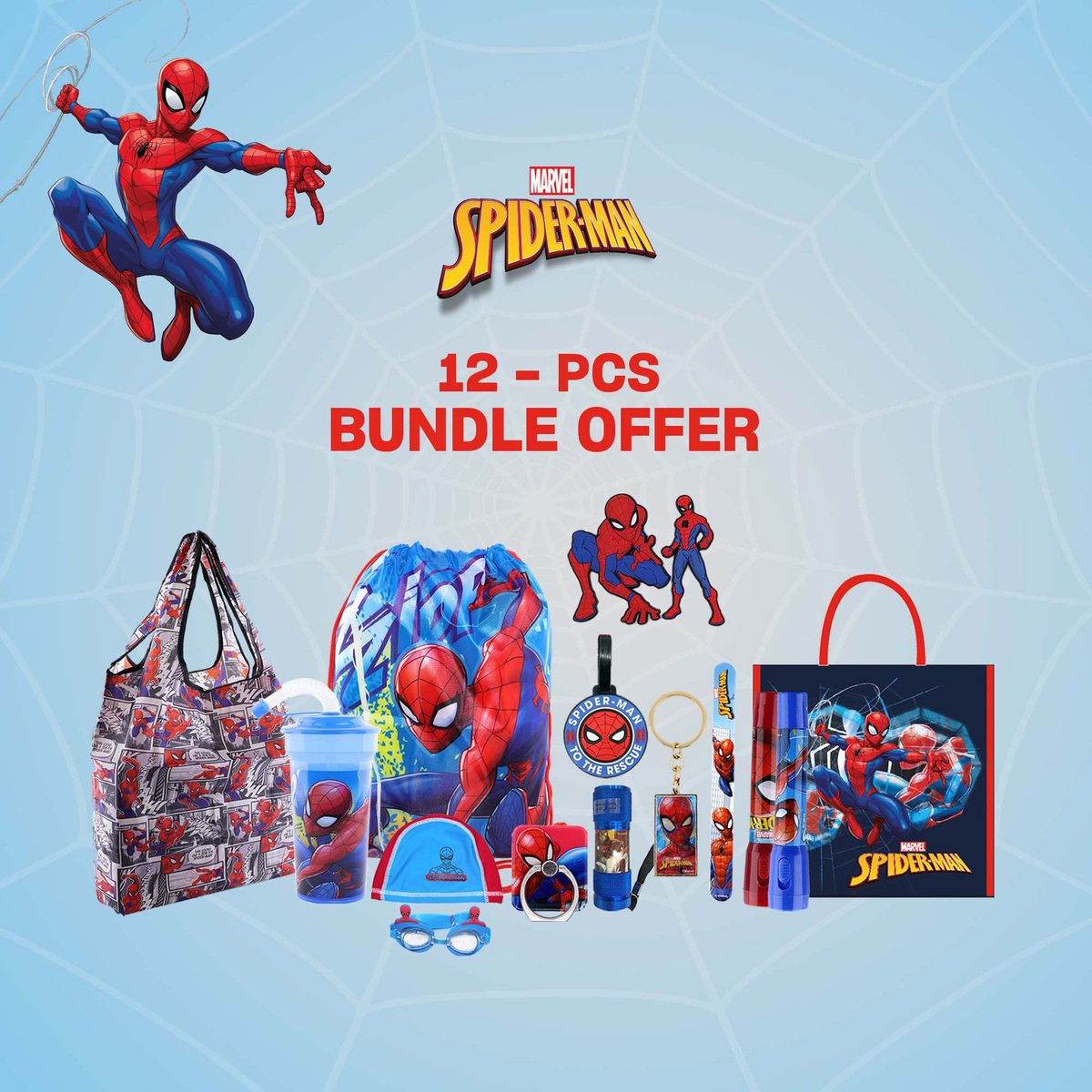 Marvel Spiderman 12 Pcs Bundle Pack Shopping bags , Slapband , Drawstring bag, Tumblers with straw, Fridget Magnet, and more.. - TRHA20895