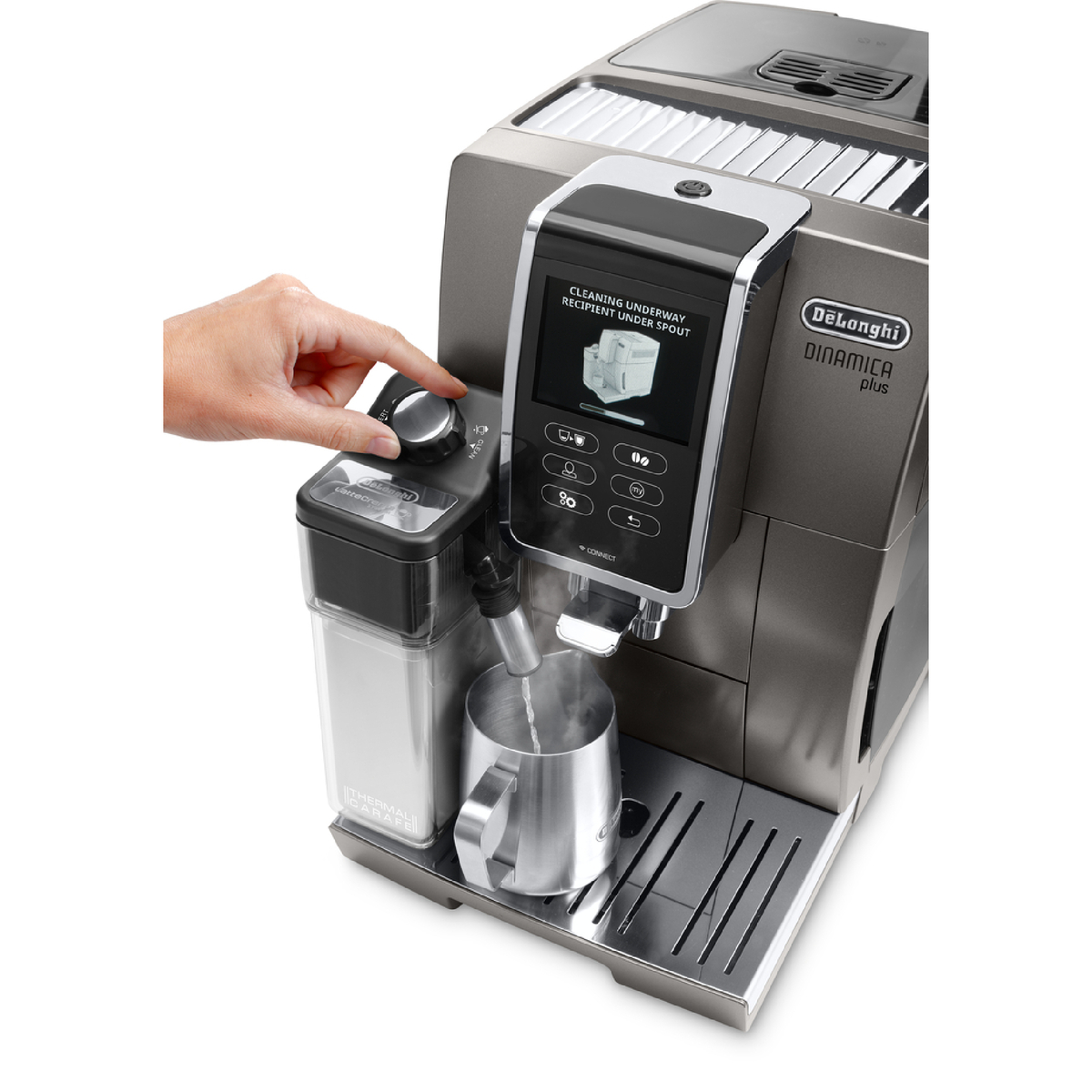 Delonghi 1.8 L, 1450 Watts, Dinamica Plus Automatic Coffee Machine, Titanium Metal, ECAM370.95T