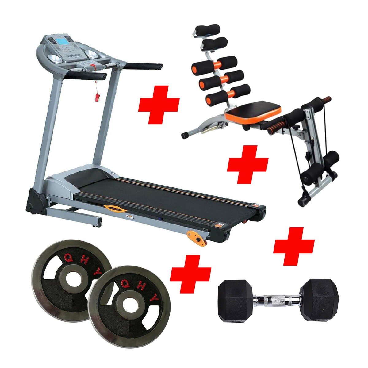 Techno Gear Motorized Treadmill YK-0642C-1 2HP + Six Pack Care RD28 + Dumbbell 8Kg 1Piece + Chrome Weight 2Piece Plate 10Kg
