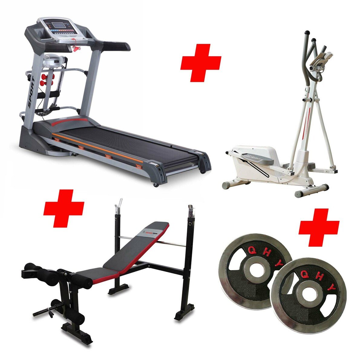 Techno Gear Treadmill TG6088DS 3HP + Sports Champion Elliptical Trainer HJ-30061-1 + Weight Lifting Bench + Chrome Weight 2Piece Plate 10Kg