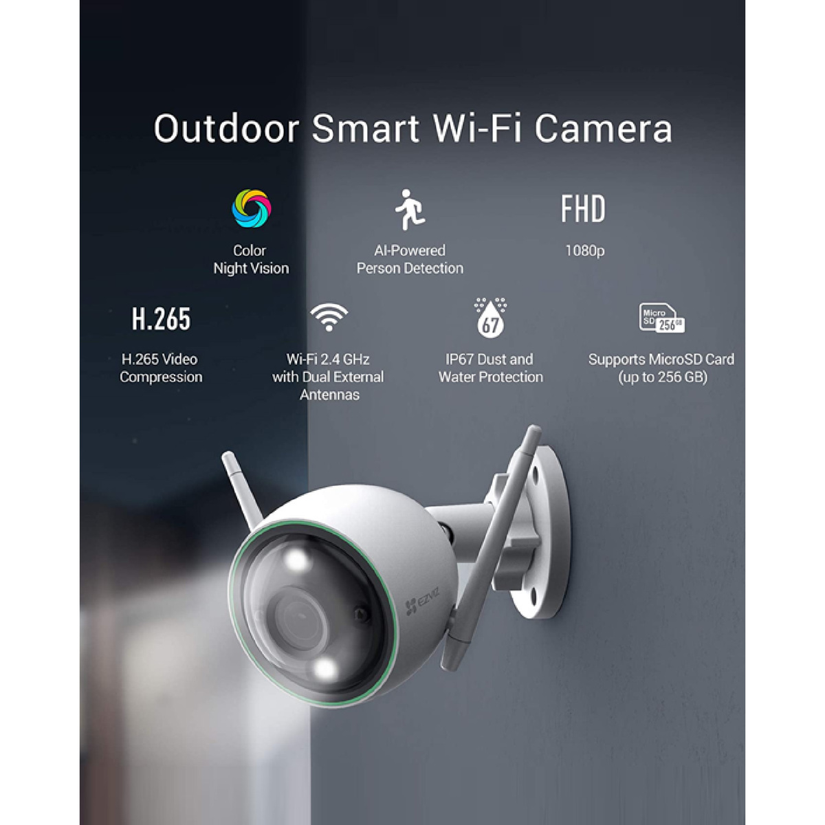 Ezviz Outdoor Smart Wi-Fi Security Camera, 2.8 MM IP Camera, CS-C3N-A0-3G2WFL1