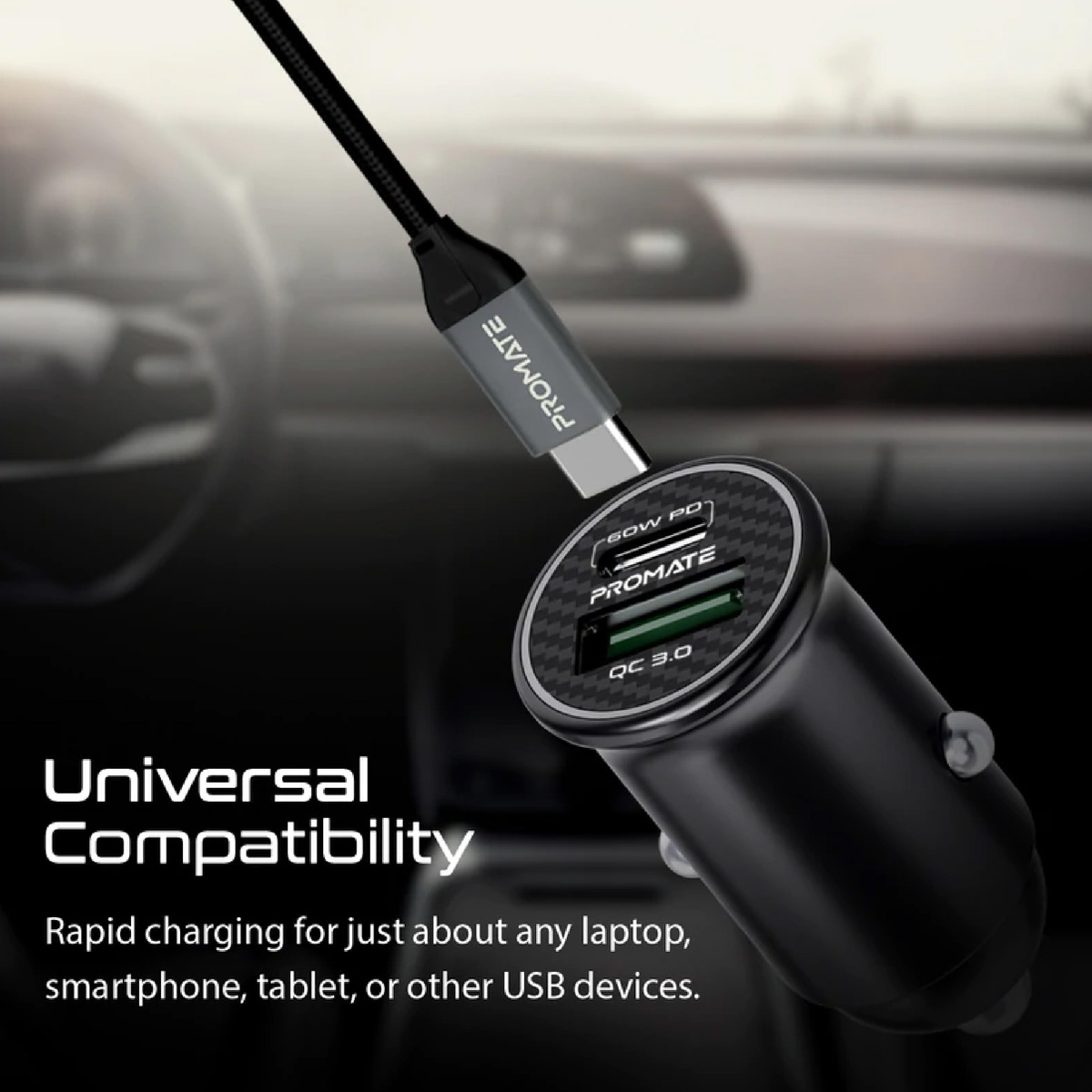 Promate RapidCharge Mini Car Charger with 60W Power Delivery & Quick Charge 3.0 Bullet-PD60