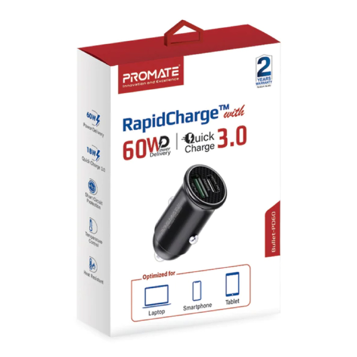 Promate RapidCharge Mini Car Charger with 60W Power Delivery & Quick Charge 3.0 Bullet-PD60