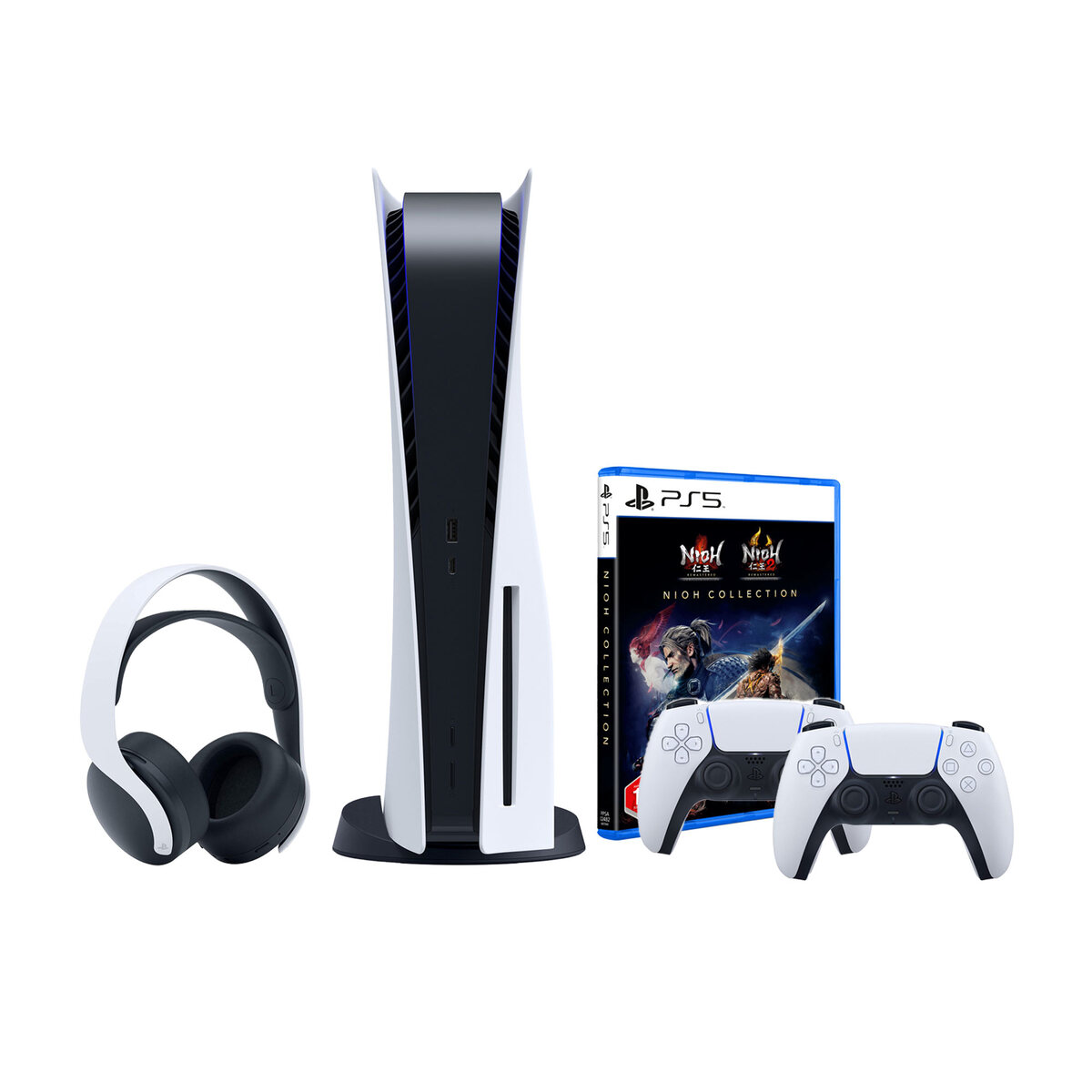Sony PS5 Console 825GB SSD + DualSense Wireless Controller White + Pulse 3D Wireless Headset for PS5, White + Sony PS5 Nioh Collection
