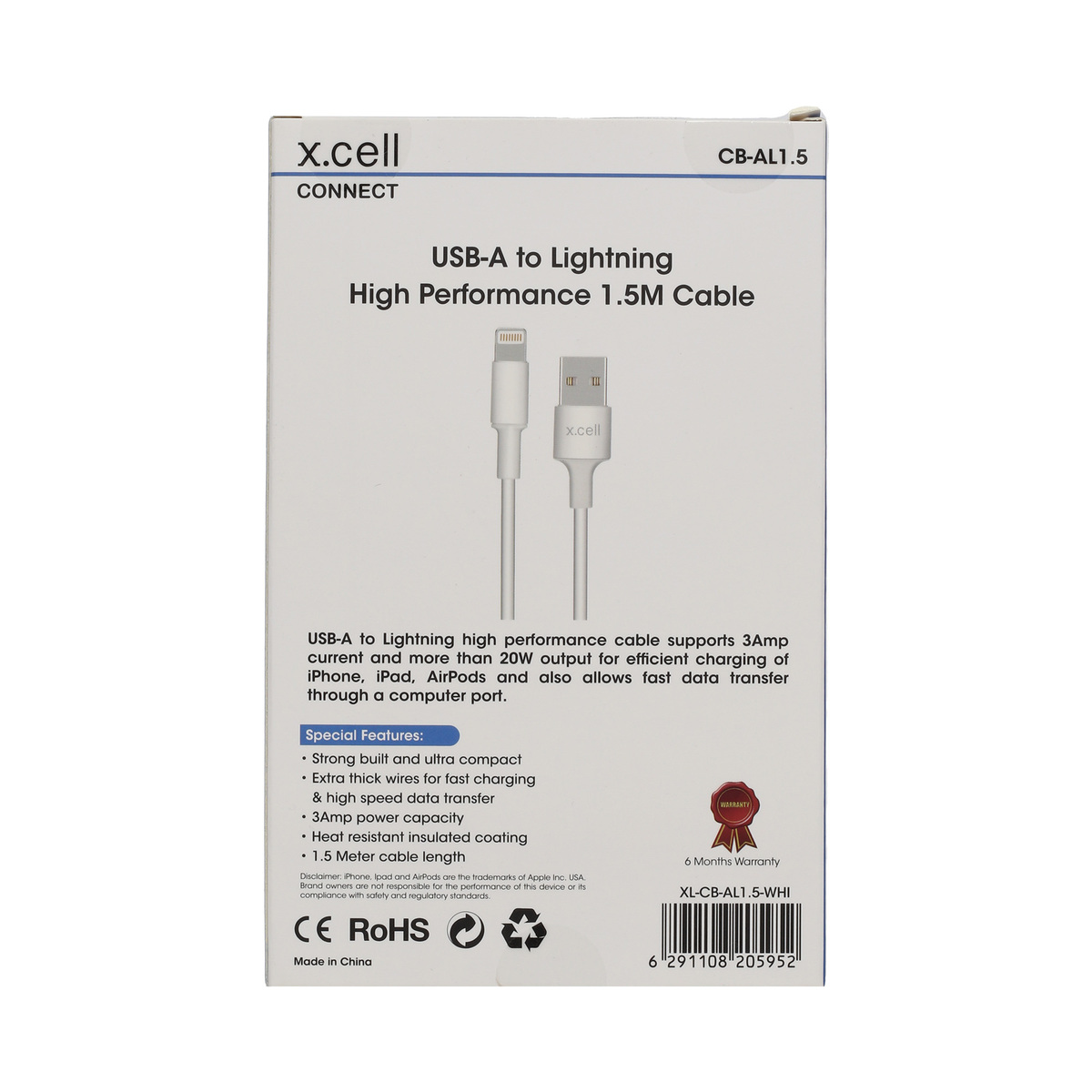 X Cell USB-A Lightning Cable CBAL1.5 White
