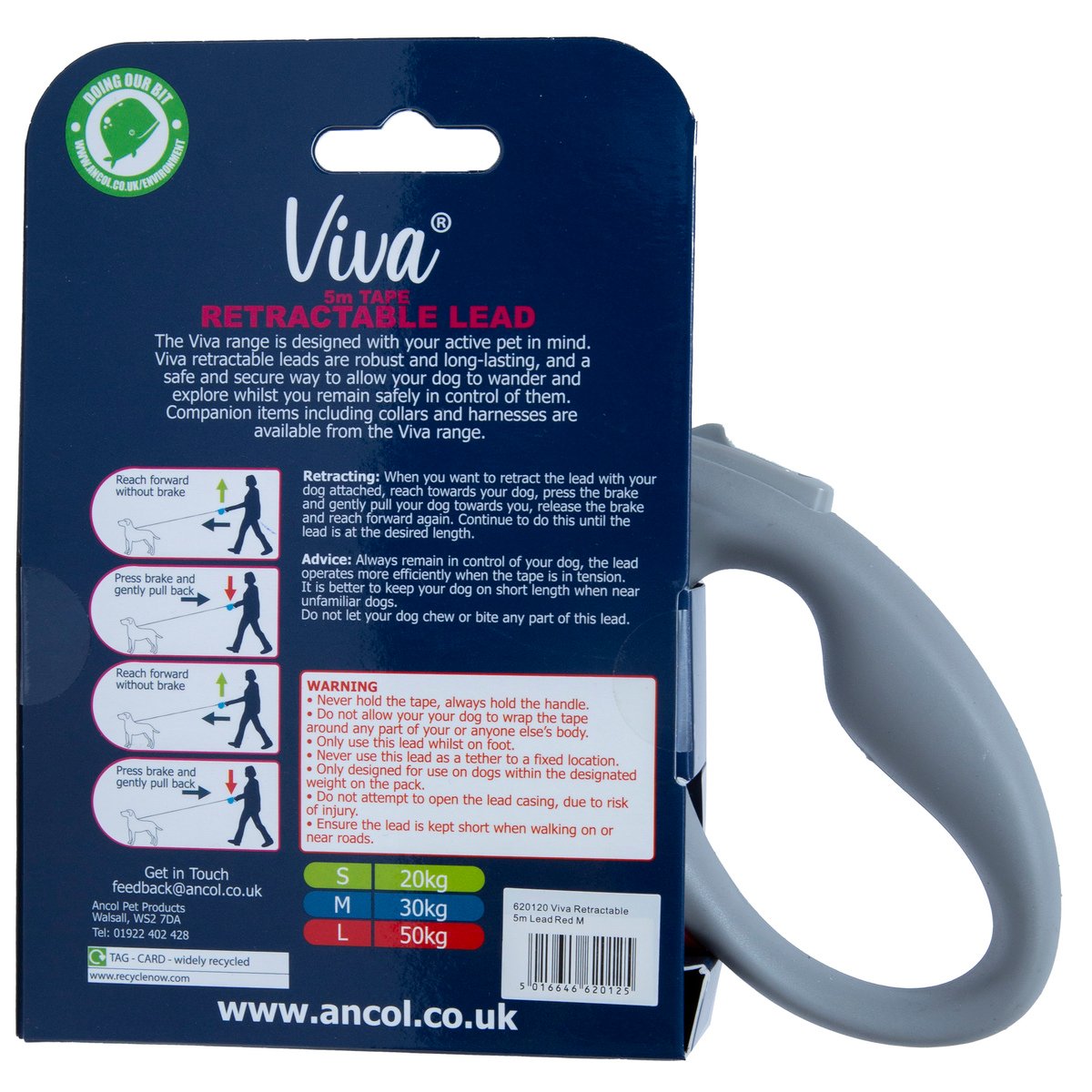Ancol Viva Red Retractable Tape Lead Size Medium 5m 1pc