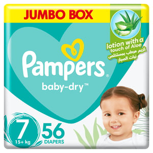 Buy Pampers Baby-Dry Diapers with Aloe Vera Lotion and Leakage Protection Size 7, 15+ kg, 56pcs Online at Best Price | Baby Nappies | Lulu Kuwait in Kuwait