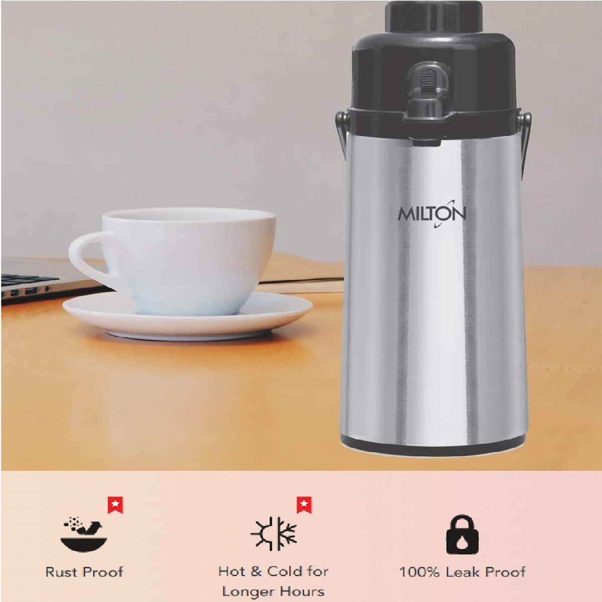 Milton Stainless Steel Vacuum Insulated Pumb Flask 2.4Ltr With Glass Refill Majesty DLX 2500
