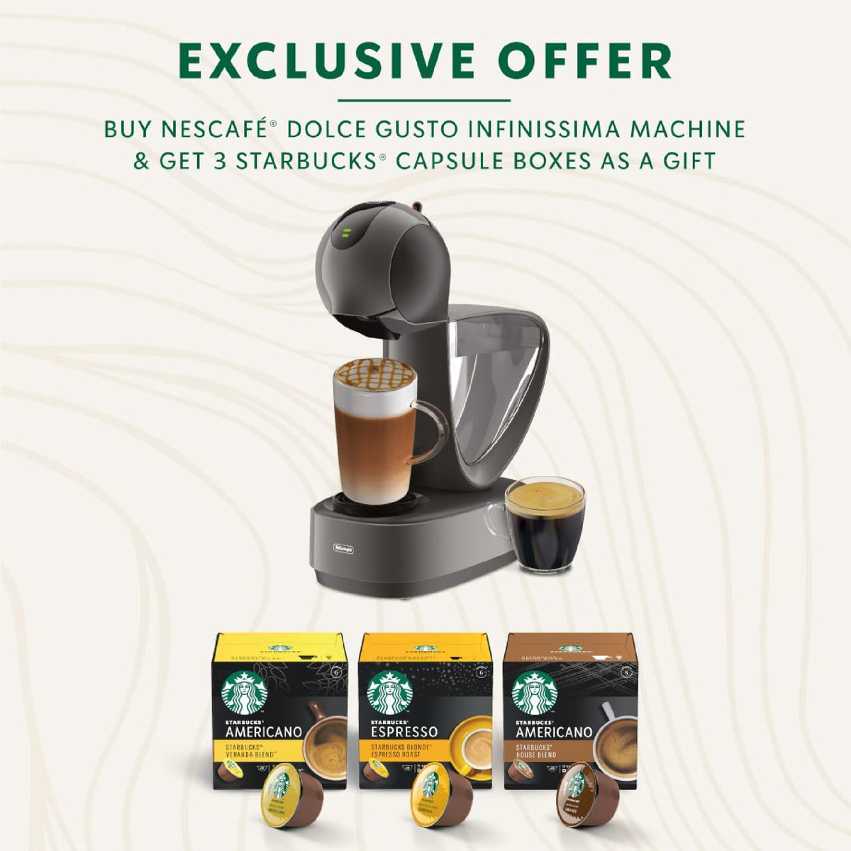 Delonghi DOLCE GUSTO INFINISSIMA Coffee Machine EDG268.GY + Starbucks Capsules Bundle Pack
