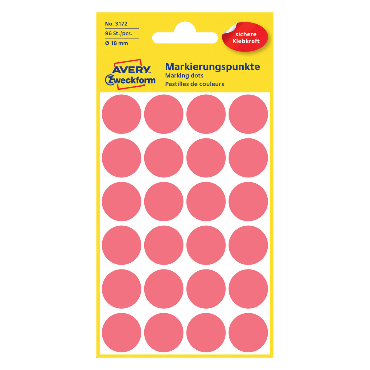 Avery Dot Stickers, 18mm, 96 Pcs, Red, 3172