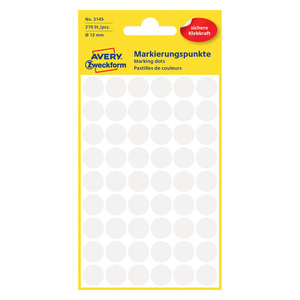 Avery Dot Stickers, 12mm, 270 Pcs, White, 3145