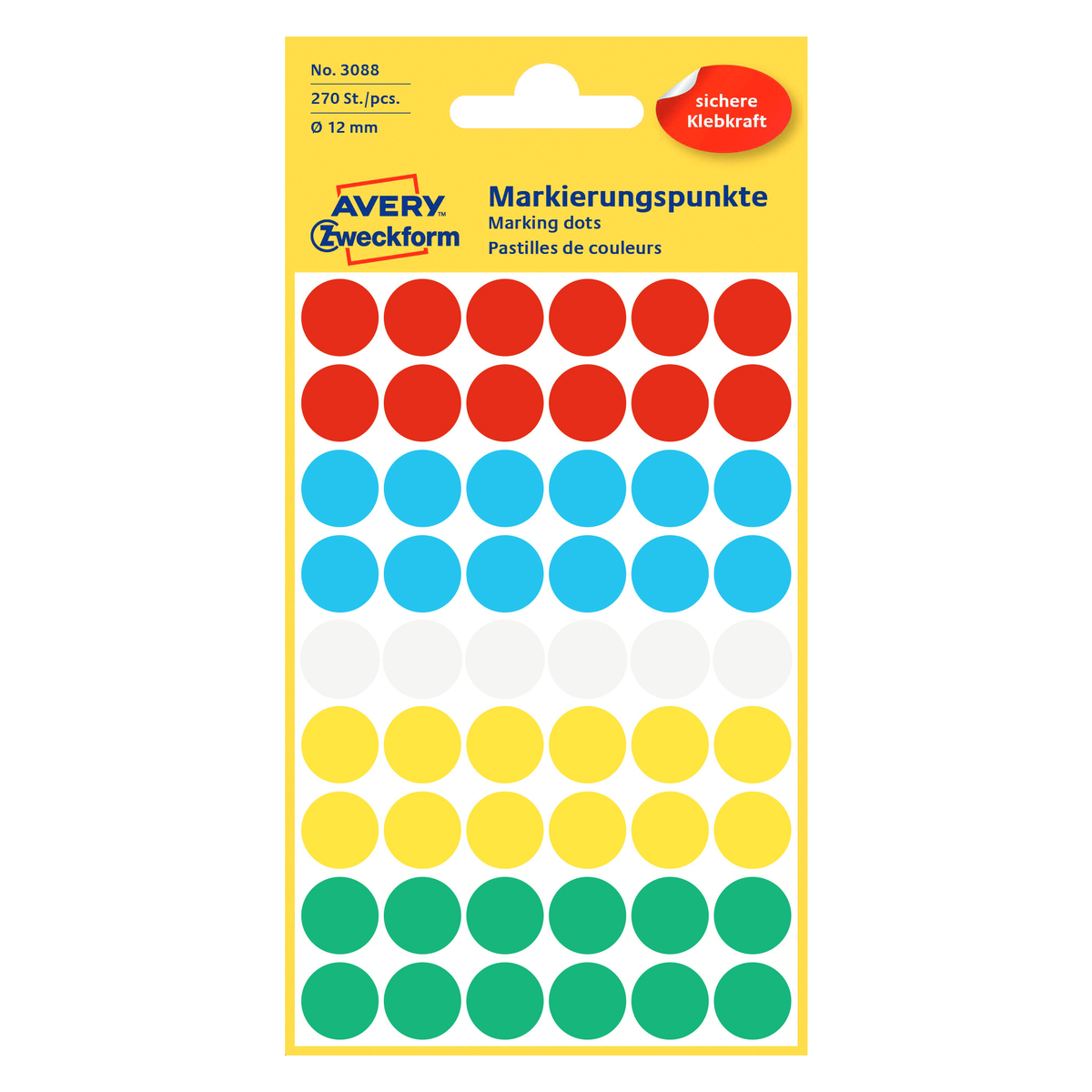 Avery Dot Stickers,12mm, 270 Pcs, Multi Color, 3088