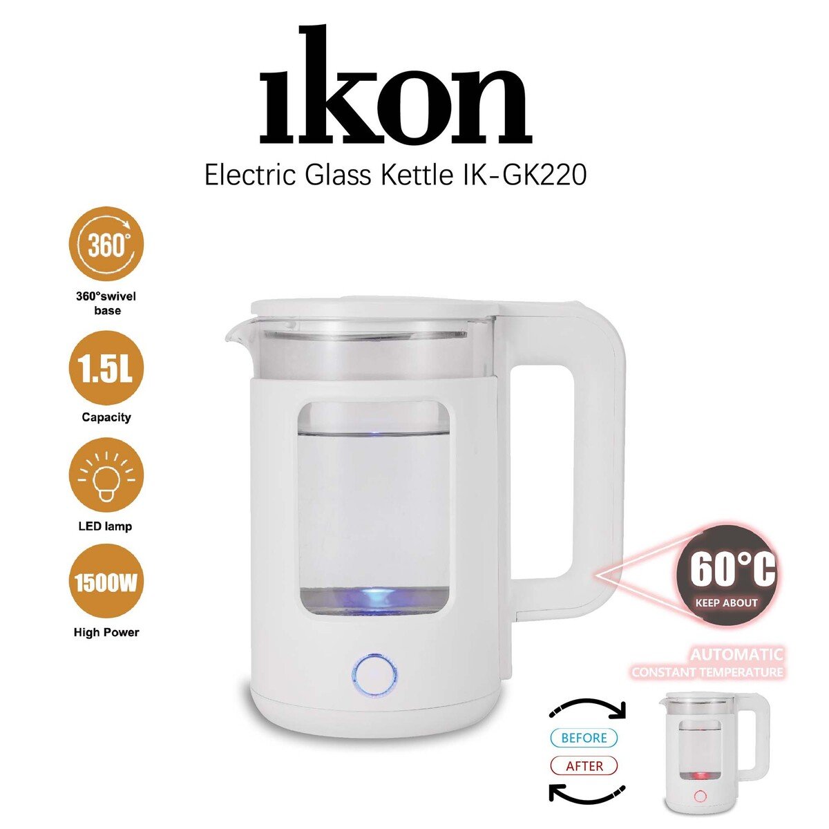 Ikon 1.5L Electric Glass Kettle, White, IK-GK220