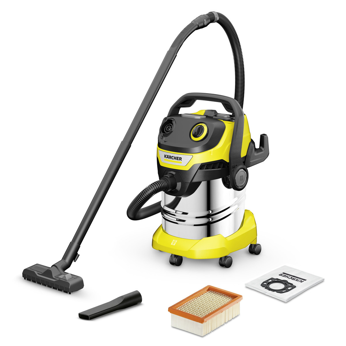 Karcher Wet And Dry Vacuum Cleaner, 25 Ltr, 1100 W, Flat Pleated Filter With Patented Filter Removal Technology, Yellow Head And Bumber, WD 5 S V