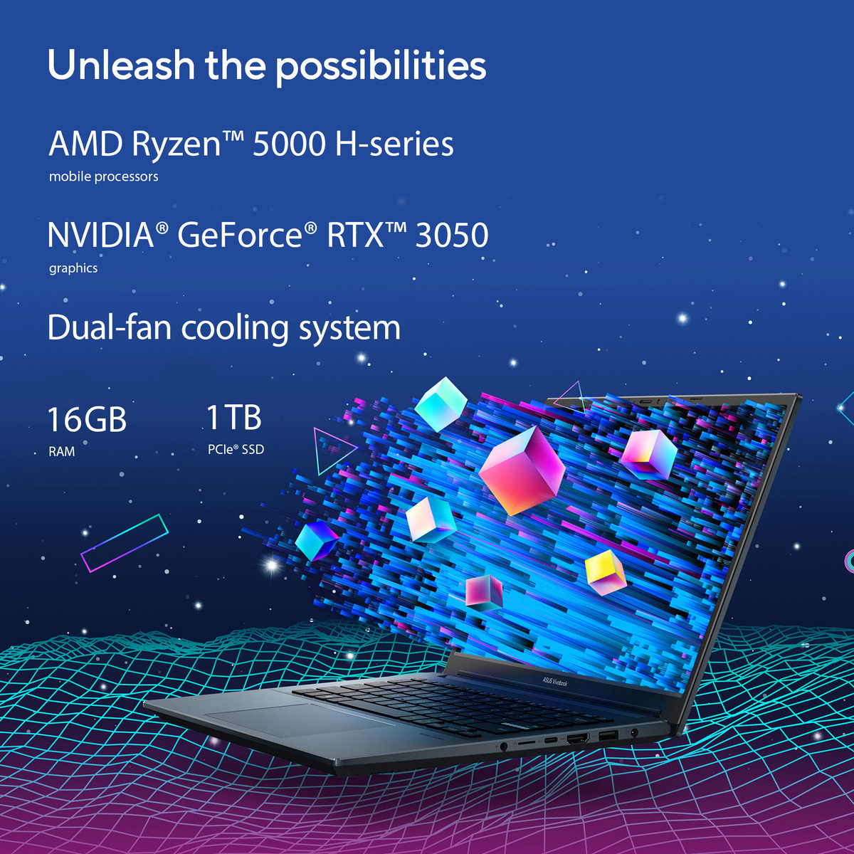 Asus 15.6 inch FHD Notebook,AMD Ryzen™ 7 5800 H Processor, 16 GB RAM, 1 TB SSD, NVIDIA® GeForce® RTX™ 3050 Laptop GPU,Windows 11 Home, Quiet Blue, M3500QC-OLED0R7W