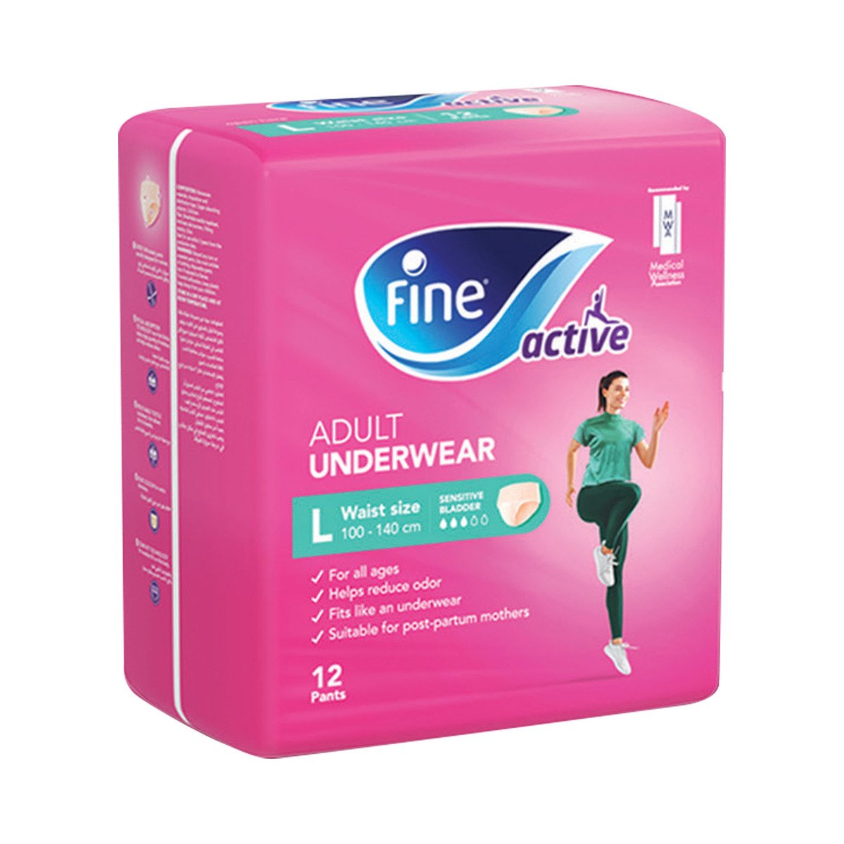 Fine Active Adult Underwear For Women Size Large Waste Size 100-140cm 12 pcs