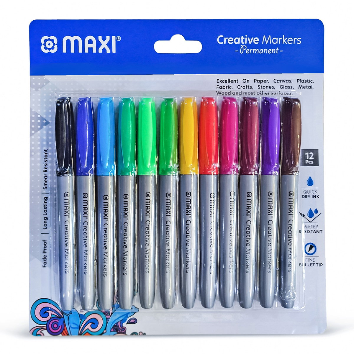 Maxi Creative Permanent Marker With Bullet Slim Blister, Pacl of 12, Assorted colours, MX-40-12A