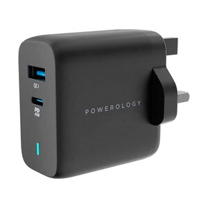 Powerology 63W Ultra-Quick GaN Charger 45W PD & USB-A Quick Charge 18W QC3.0, Black