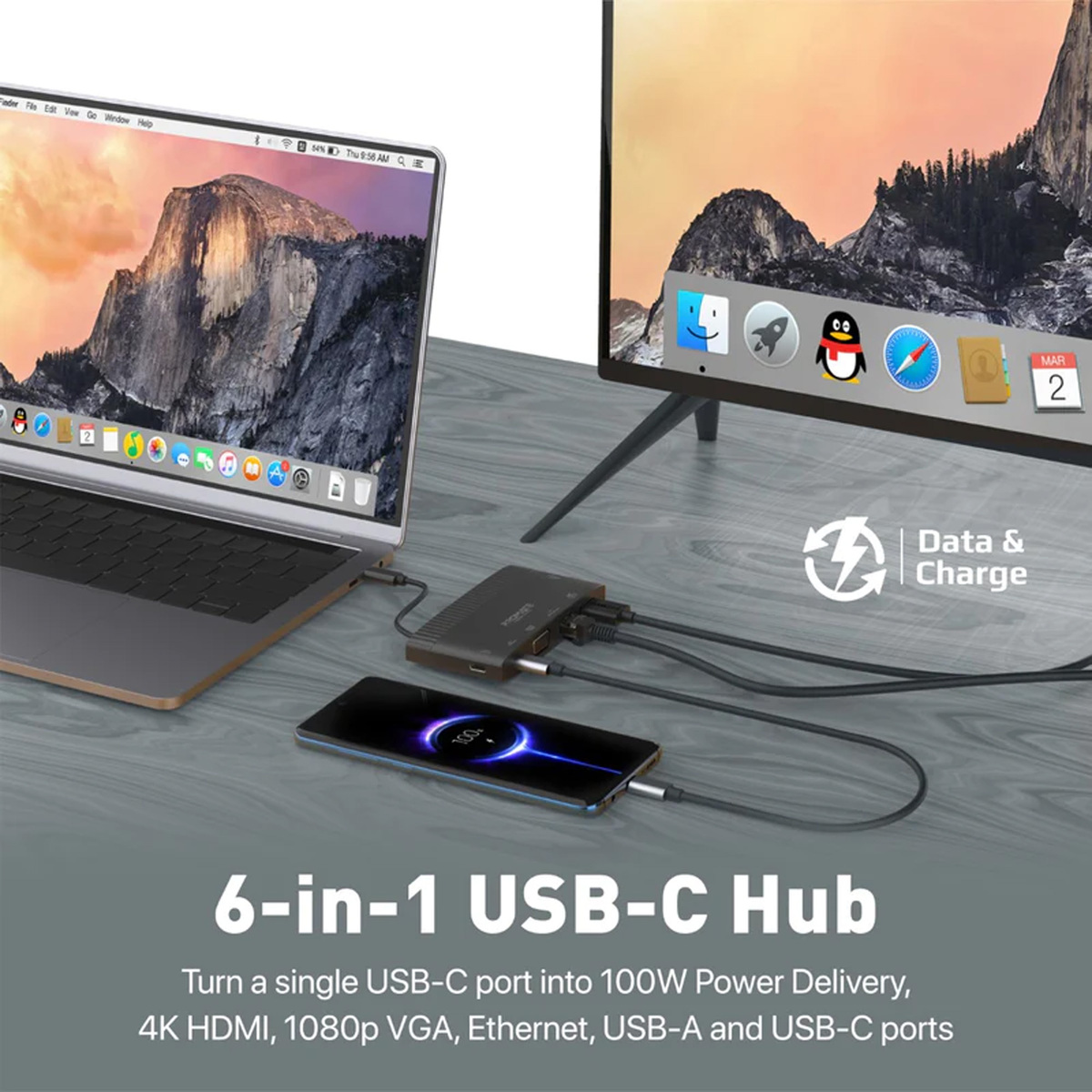Promate 6-in-1 Highly Versatile USB-C Media Hub with 100W Power Delivery MediaHub-C6