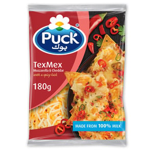Buy Puck Tex Mex Mozzarella & Cheddar With A Spicy Kick, 180 g Online at Best Price | Grated Cheese | Lulu Kuwait in Kuwait
