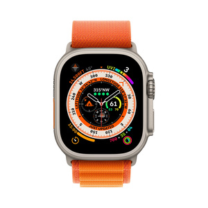 ابل واتش الترا ساعة ذكية جي بي اس + شريحة، إطار تيتانيوم مع حزام حلقة برتقالي ، 49 مم ، كبير (مقاس الحزام) ، MQFM3