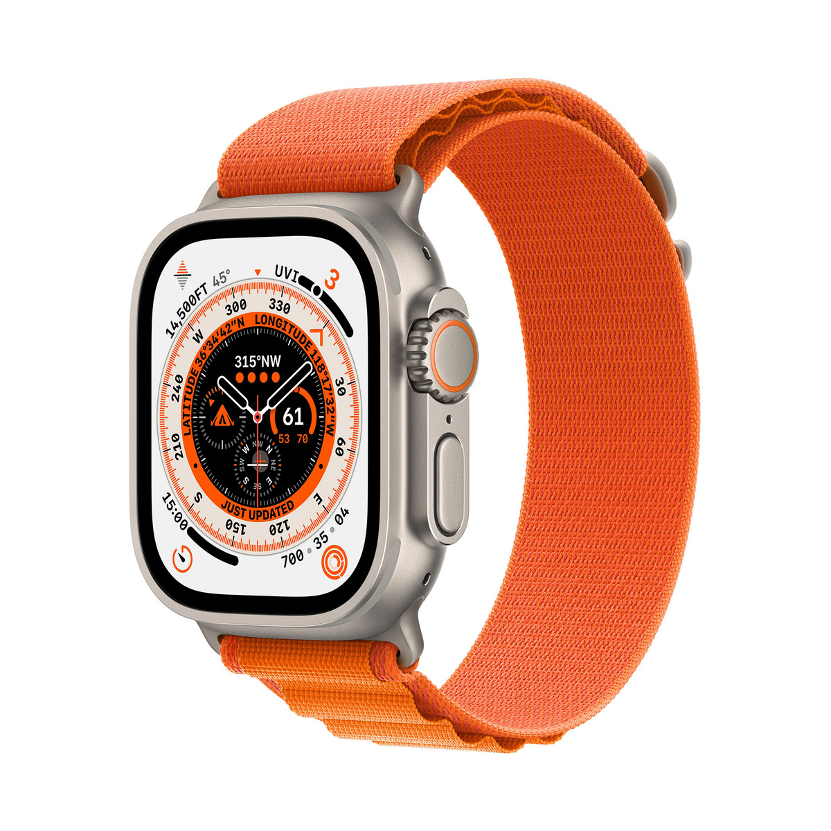 ابل واتش الترا ساعة ذكية جي بي اس + شريحة، إطار تيتانيوم مع حزام حلقة برتقالي ، 49 مم ، كبير (مقاس الحزام) ، MQFM3