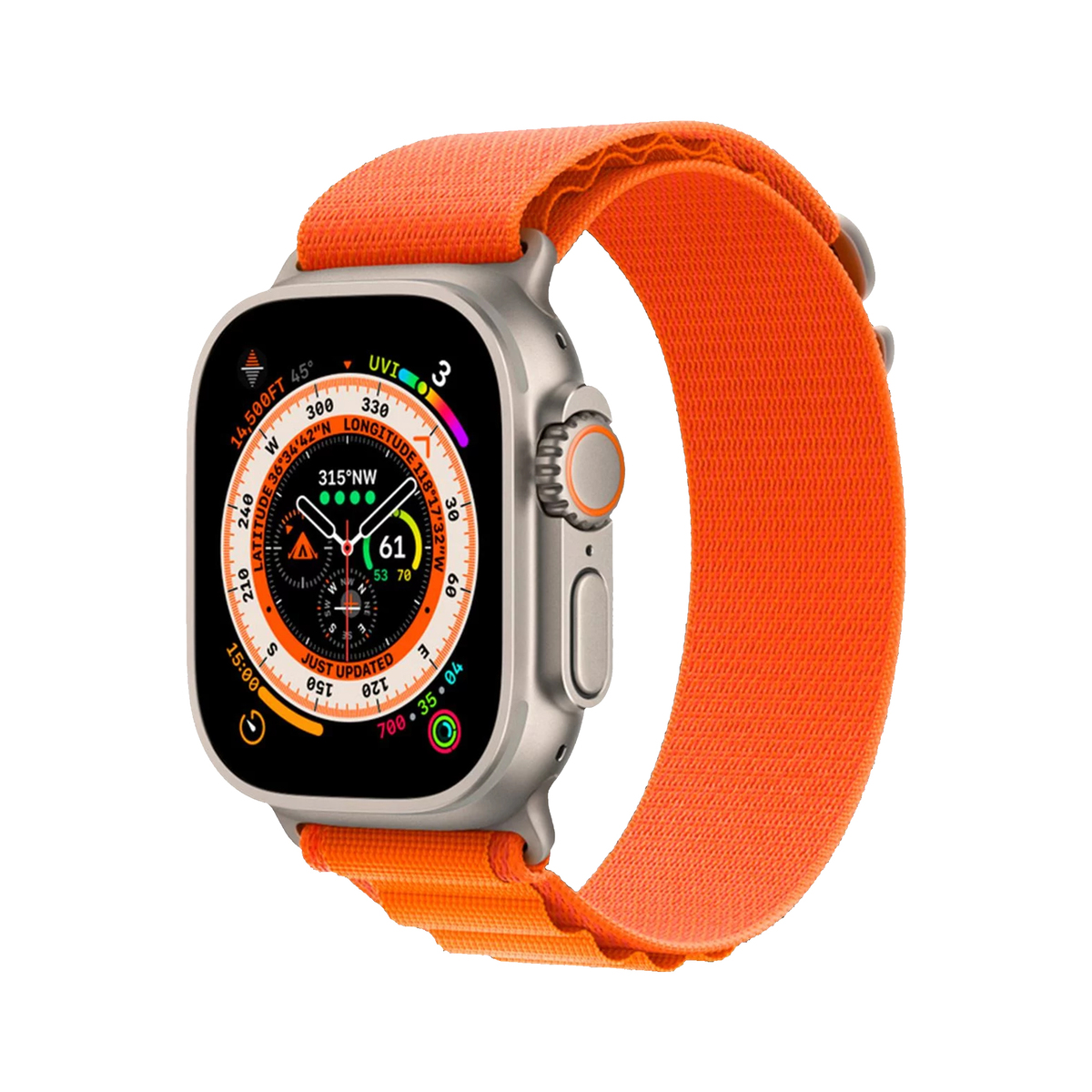 ابل واتش الترا ساعة ذكية جي بي اس + شريحة، إطار تيتانيوم مع حزام حلقة برتقالي ، 49 مم ، وسط (مقاس الحزام) ، MQFL3