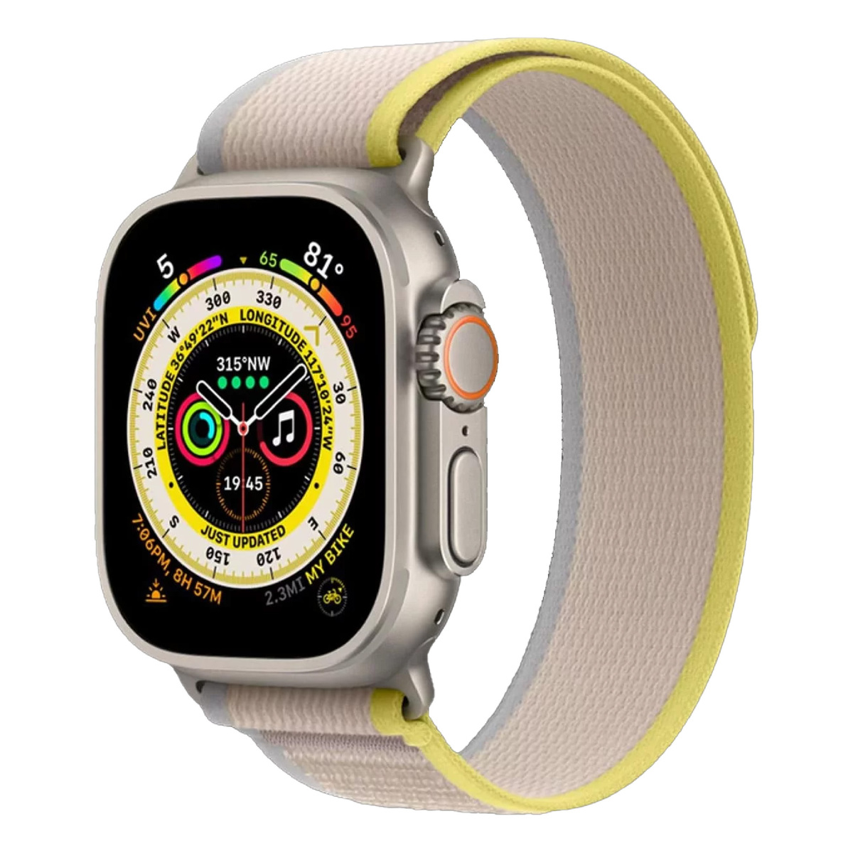 Apple Watch Ultra GPS + Cellular Titanium Case with Yellow/Beige Trail Loop, 49 mm, Medium/Large (Band Size), MQFU3