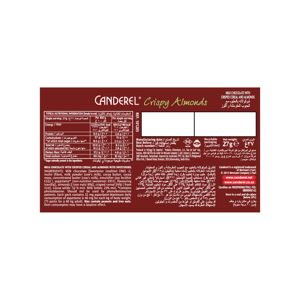 Canderel Diet Milk Chocolate With Crispy Cereals And Almonds 27 g