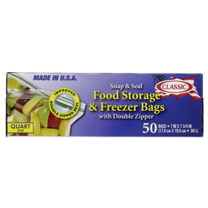 Classic Snap & Seal Food Storage & Freezer Bags 1Quart Size 17.8 x 19.6cm 50pcs