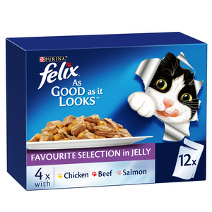 بورينا فيليكس طعام قطط هلامي جيد كما يبدو لذيذًا مختارات مفضلة (الدجاج ولحم البقر والسلمون) 12 × 85 جم