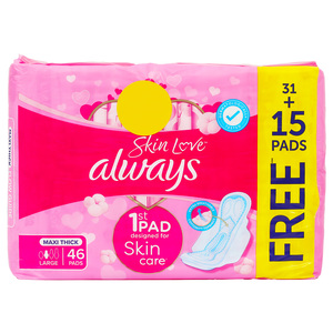 Buy Always Skin Love Maxi Thick Sanitary Pad Value Pack 46 pcs Online at Best Price | LULU WORLD FOOD | Lulu Kuwait in Kuwait