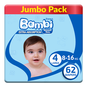 Sanita Bambi Baby Diaper Jumbo Pack Size 4 Large 8-16kg 62 pcs