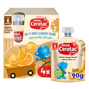 Nestle Cerelac Fruits Puree Pouch Banana, Orange & Biscuit From 6 Months Value Pack 4 x 90 g