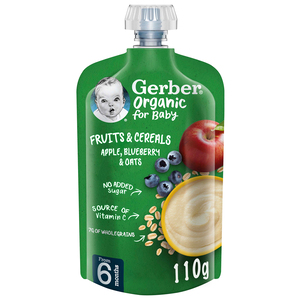 اشتري قم بشراء Gerber Organic Apple Blueberry & Oats Fruits & Cereals For Baby From, 6 Months, 110 g Online at Best Price من الموقع - من لولو هايبر ماركت Organic Food في الكويت