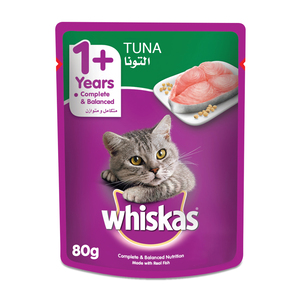 Whiskas Wet Cat Food Tuna Made with Real Fish Pouch for Adult Cats 1+ Years 80 g