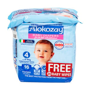 Alokozay Baby Diapers Size 4, 8-14kg 16 pcs + Wipes 20 pcs
