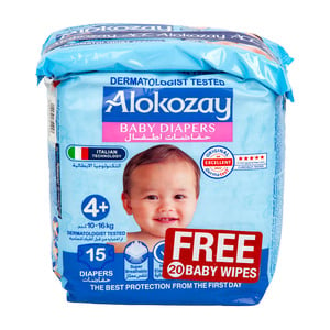Alokozay Baby Diapers Size 4+, 10-16kg 15 pcs + Wipes 20 pcs