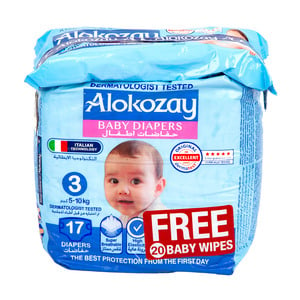 Alokozay Baby Diapers Size 3, 5-10kg 17 pcs + Wipes 20 pcs