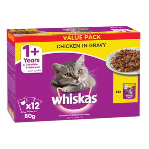 ويسكاس كيس طعام دجاج بالمرق للقطط التي تبلغ من العمر سنه فما فوق ، 12 × 80 جم