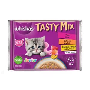Whiskas Tasty Mix Junior Catfood With Tuna, Salmon, Pumpkin Flavor In Jelly For Kitten From 2-12 Months 4 x 70 g