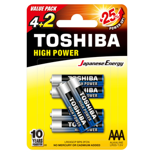 Toshiba High Power Alkaline AAA Battery, 4 Pcs + 2 Pcs, LR03