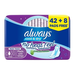 Always Aloe Vera Cool & Dry Maxi Thick Pads With Wings Large Value Pack 50 pcs