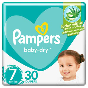 Buy Pampers Baby-Dry Taped Diapers with Aloe Vera Lotion, up to 100% Leakage Protection Size 7 15+kg 30 pcs Online at Best Price | Baby Nappies | Lulu UAE in Kuwait