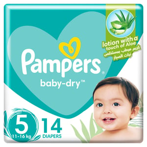 Buy Pampers Baby-Dry Taped Diapers with Aloe Vera Lotion, up to 100% Leakage Protection, Size 5, 11-16kg, 14 pcs Online at Best Price | Baby Nappies | Lulu Kuwait in Kuwait